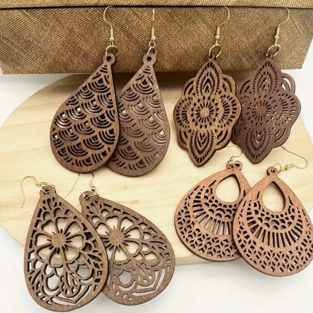 New set of 4 pairs wooden carved dangle earrings